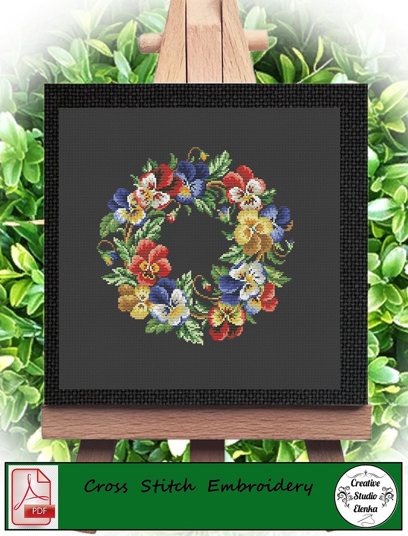 Vintage Cross Stitch Scheme Violet Wreath  - PDF Embroidery Scheme