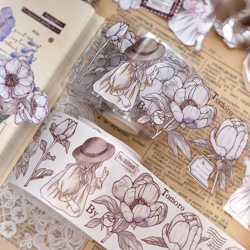 Huayu Retro Large Flower Characters Comprehensive PET Washi Tape Extra Long Loop - Washi Tape - Paper Khaki