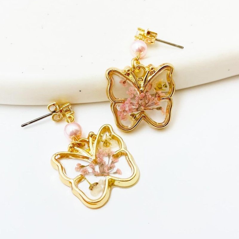 蝴蝶 耳環 / 耳夾 珍珠 花朵 手工製作 日本製造 免費 禮物 - 耳環/耳夾/耳骨夾 - 植物．花 金色