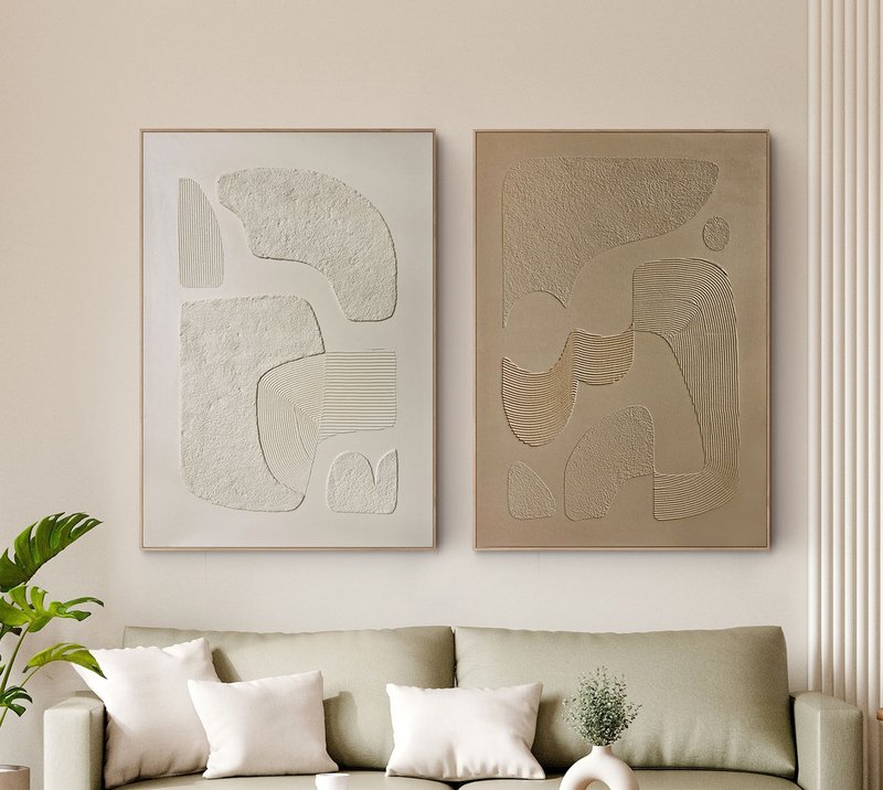 Beige Textured Abstract Painting | Set of 2 Textured Painting |Bay Paintings Set - 壁貼/牆壁裝飾 - 棉．麻 咖啡色