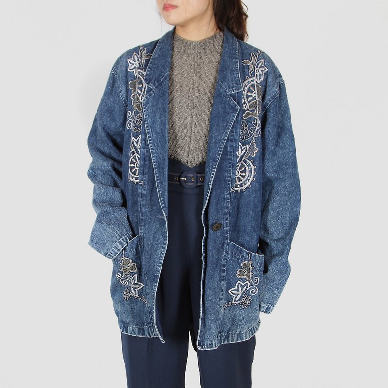[Egg plant vintage] Arabesque gear embroidery vintage denim jacket - เสื้อแจ็คเก็ต - ผ้าฝ้าย/ผ้าลินิน สีน้ำเงิน