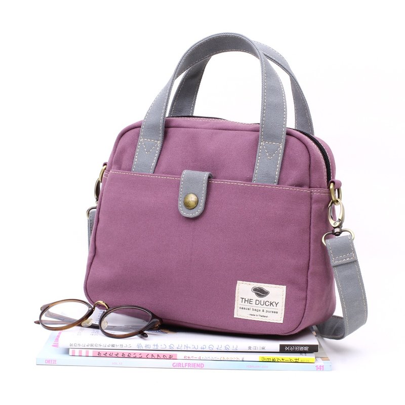 mini bag - purple mangoteen+gray(strap) - กระเป๋าแมสเซนเจอร์ - ผ้าฝ้าย/ผ้าลินิน สีม่วง