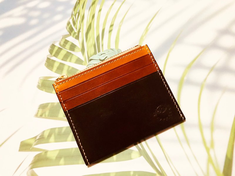 Colorful leather zipper card holder coin purse hand stitched leather hand dyed - ที่ใส่บัตรคล้องคอ - หนังแท้ สีดำ
