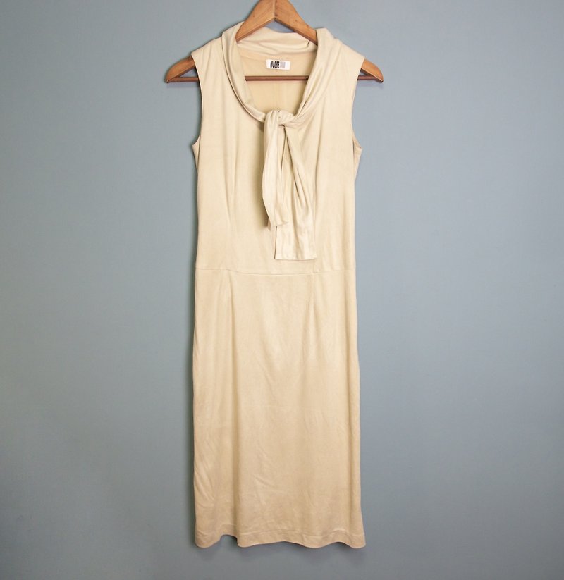 FOAK vintage elegant beige scarf velvet dress - ชุดเดรส - ผ้าฝ้าย/ผ้าลินิน ขาว