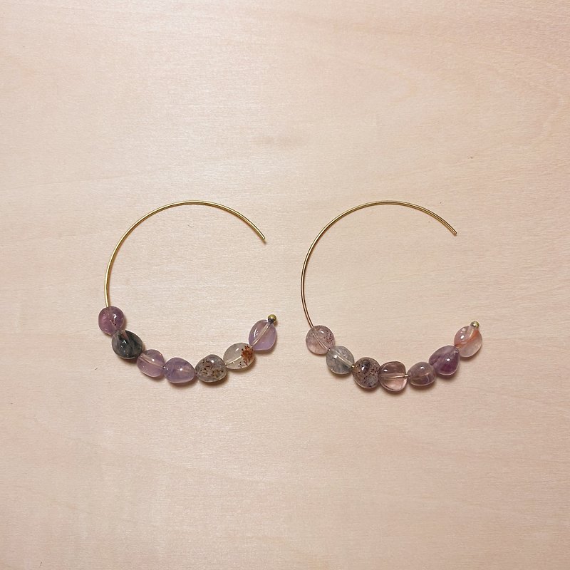 復古極光23水晶C形黃銅細耳環 - 耳環/耳夾 - 水晶 紫色