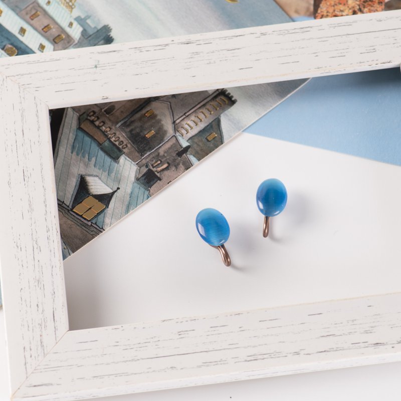 恐龍蛋貓眼石 無痛貼耳夾 / blue - 耳環/耳夾/耳骨夾 - 其他金屬 