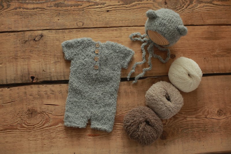 Set baby bonnet and romper, newborn photography props, newborn bear outfit - 嬰兒飾品 - 羊毛 金色