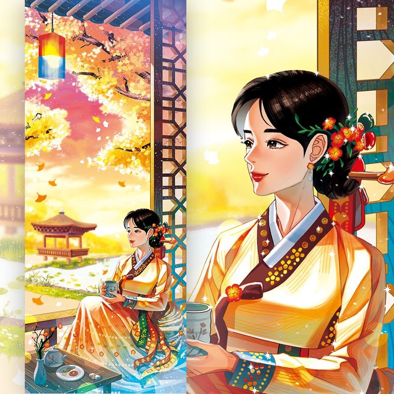 Four Seasons - Autumn girl Korean Hanbok illustrated postcard (uha) Bookmark - 卡片/明信片 - 紙 橘色