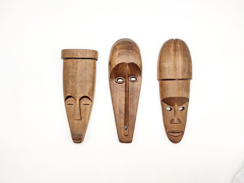 Set of 3 tiki mask wood,Wood mask wall art, wood tribal mask, carved wood mask - 木工/竹藝/紙雕 - 木頭 