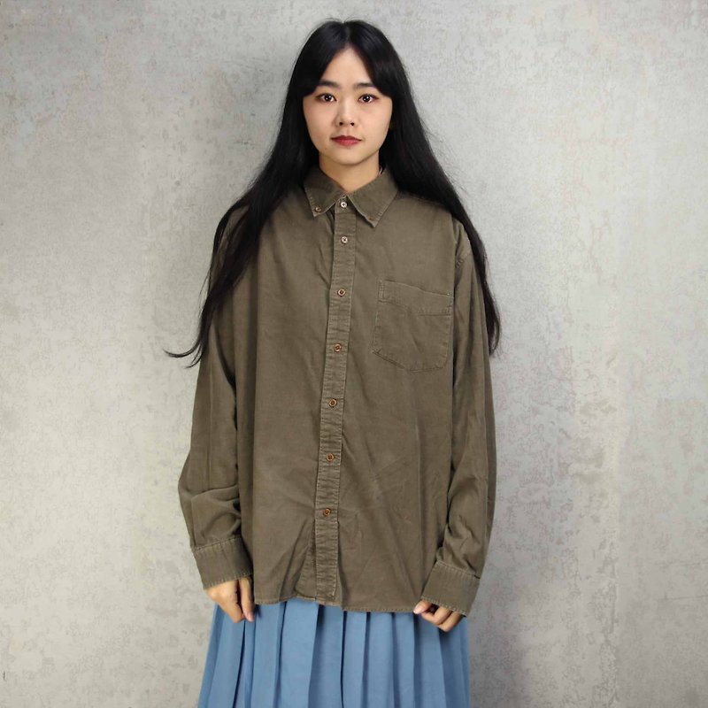 Tsubasa.Y Antique House A07 Brown Green Corduroy Shirt, Corduroy Shirt - Women's Shirts - Other Materials 