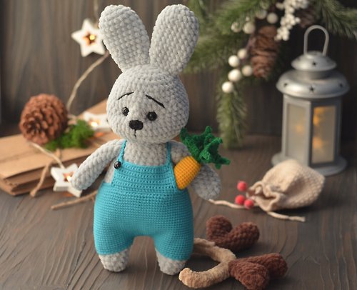 Vasilyeva.toys Bunny in overalls with his carrot toy, soft toy pattern, English PDF pattern