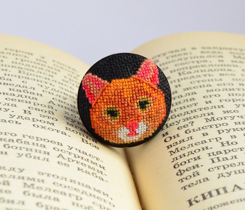 Ginger cat embroidered ring, Cross stitch jewelry for pet lover