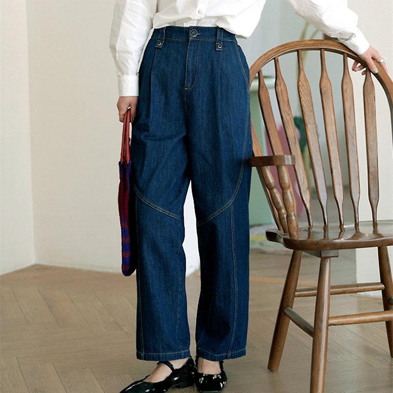 Dark blue Japanese retro denim washed elastic high waist denim wide trousers curve segmentation thin all-match trousers