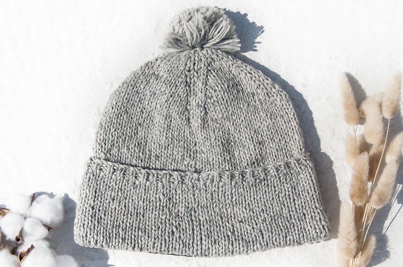 Hand-knitted pure wool hat / knitted hat / knitted wool hat / inner brushed hand-knitted wool hat / wool hat-gray - หมวก - ขนแกะ สีเทา