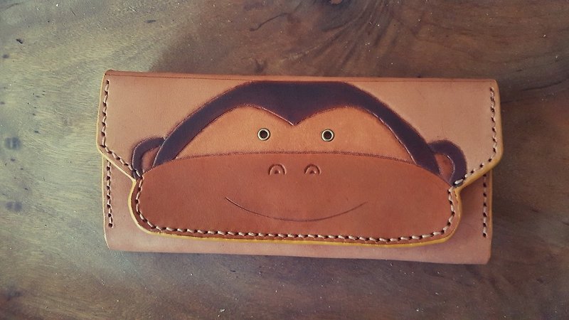 Customized Q Monkey Vintage Yellow Pure Leather Long Wallet-Engraving (customized lover, birthday gift) - Wallets - Genuine Leather Brown