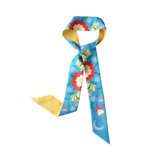 CHIC AS ART 花與月真絲小絲巾|法式復古|植物花卉|湖藍黃色|雙面印花領巾髮帶