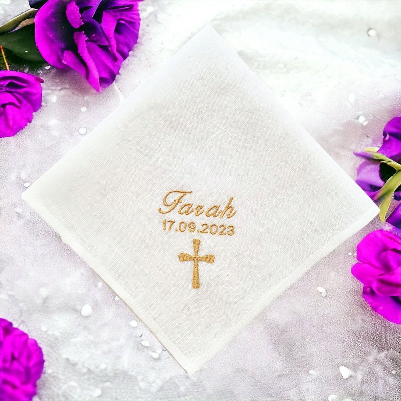 Cross custom embroidered handkerchief linen, Personalized Baptism Wedding gift - Handkerchiefs & Pocket Squares - Linen White