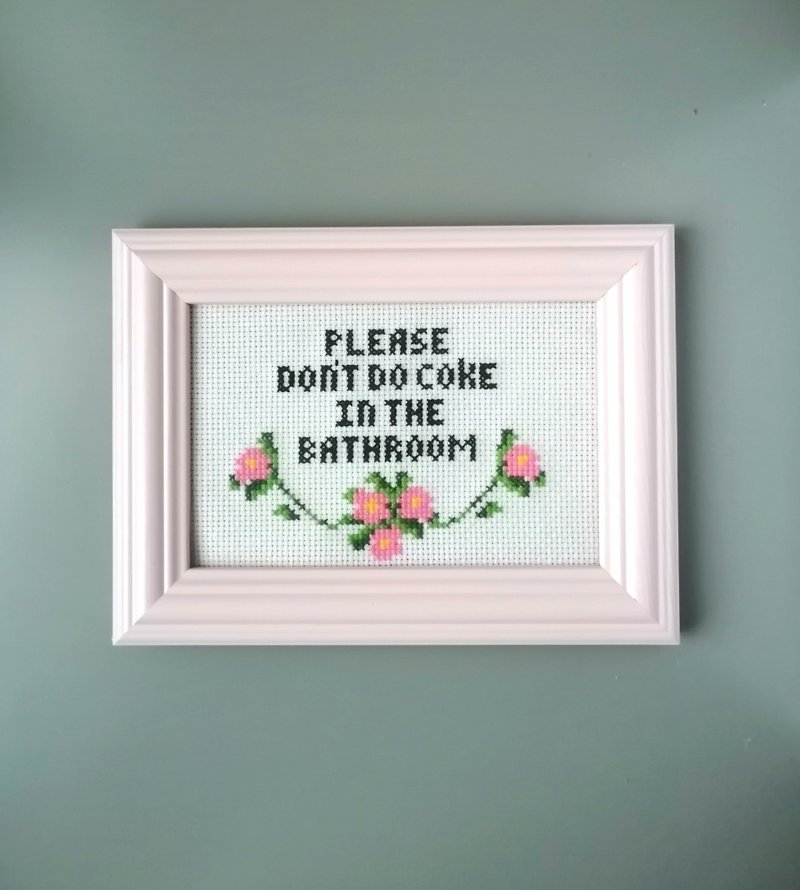 Please Dont Do Coke in the Bathroom, Cross Stitch, Finished Embroidery