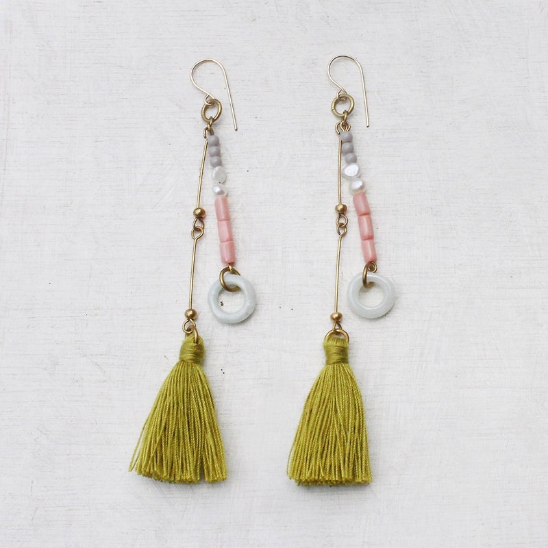 Early Summer Tasseled Brass Earrings - 14K Gold Stud Earrings / Clip Earrings - Earrings & Clip-ons - Gemstone Pink