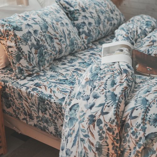 annahome棉床本舖 藍墨花叢 法蘭絨床包兩用毯組 溫暖舒適【超取限一組】