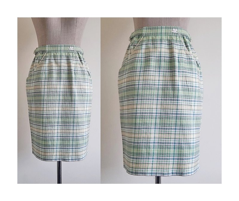 COURREGES Vintage Green Plaid Cotton Skirt - 裙子/長裙 - 棉．麻 綠色