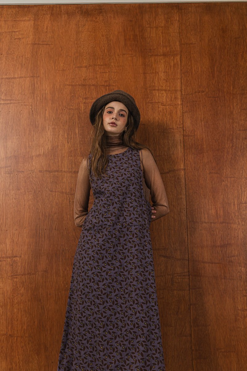 floral printed patchwork pocket dress 紫藤拼接洋裝 - 洋裝/連身裙 - 棉．麻 紫色