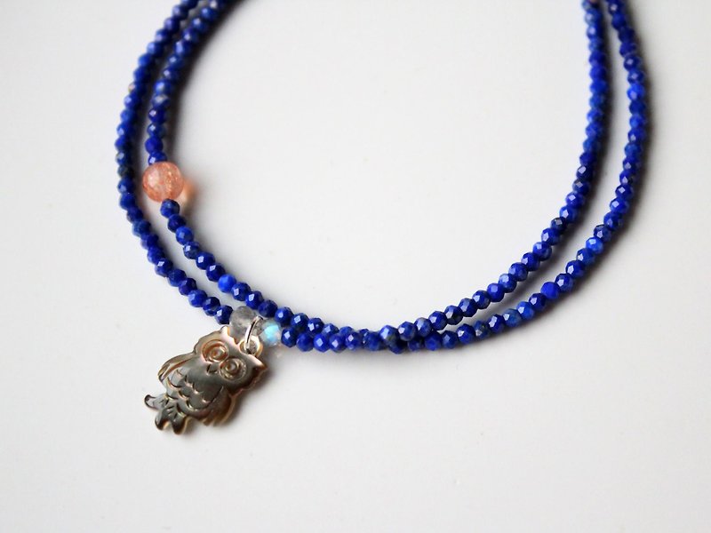 Journal Lucky Owl / lapis lazuli, sun stone, sterling silver bracelets - สร้อยข้อมือ - เครื่องเพชรพลอย 