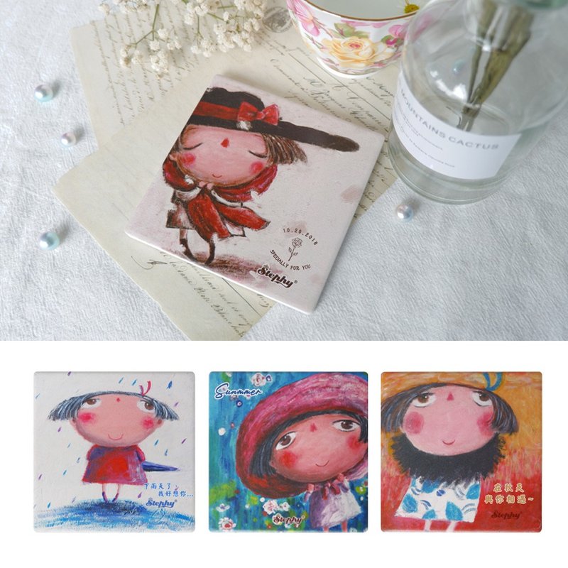【客製化禮物】春夏秋冬手繪風 陶瓷杯墊 I 隔熱墊 - 杯墊 - 陶 
