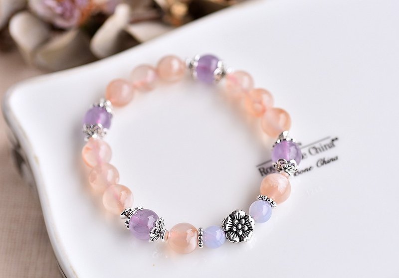 Cherry Blossom Agate + Amethyst + Blue Agate Sterling Silver Flower Bracelet - สร้อยข้อมือ - คริสตัล สึชมพู