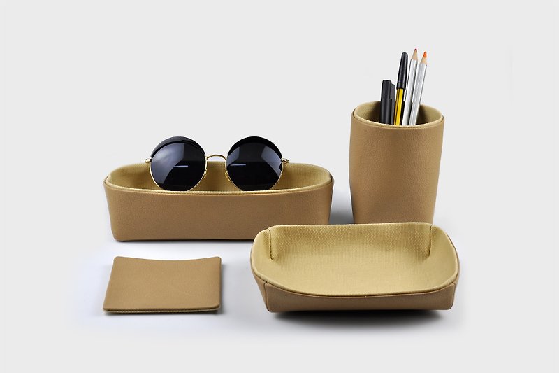 Desk Organization - Pencil Holder, Storage Box, Tray, Coaster, Khaki - Storage - Faux Leather Khaki