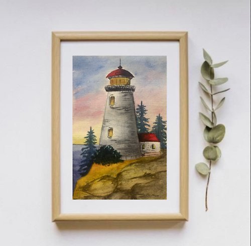 OsipovArtStudio Original Watercolor Seascape Lighthouse Paitning Trees Modern Artwork Sunset Art