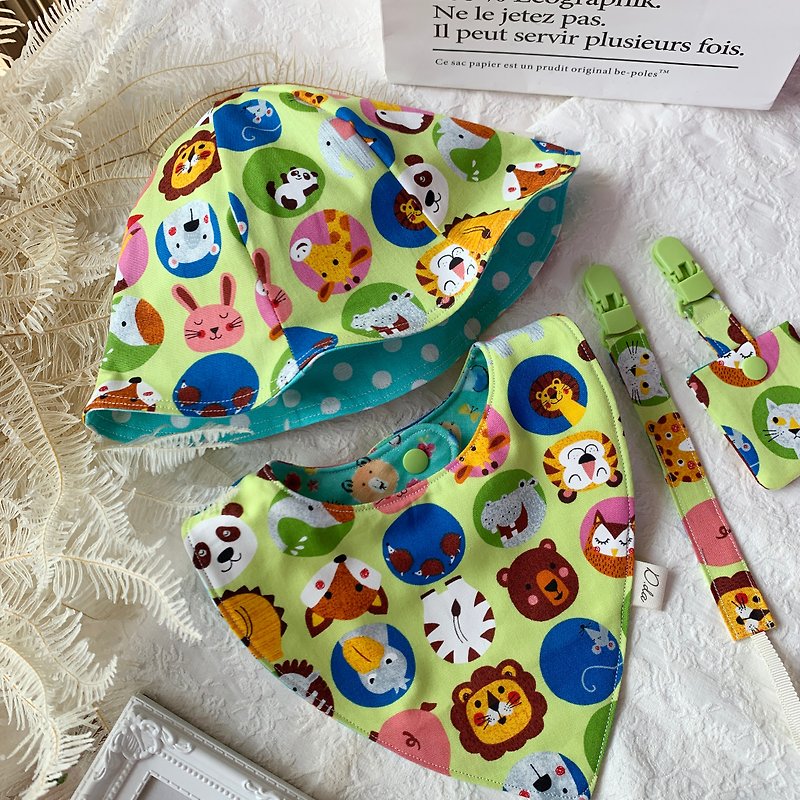 Animal circle baby Miyue gift box sun hat baby hat bib Japanese fabric - ของขวัญวันครบรอบ - ผ้าฝ้าย/ผ้าลินิน สีเขียว