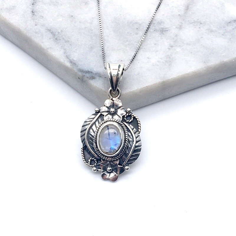 月光石925純銀花草系設計項鍊 尼泊爾手工鑲嵌製作 - 項鍊 - 寶石 藍色