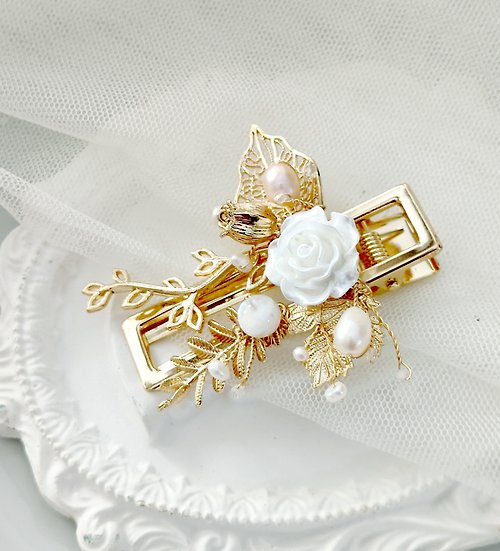 puppetandia (human size) Hair clip, white rose, 14K gold plated, hand-made hair accessories