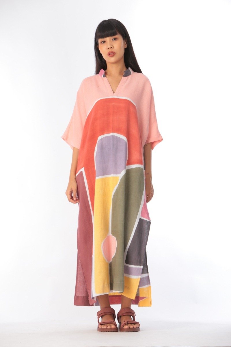 Kaftan Linen Hand Paint Free Size Art&Decor - 洋裝/連身裙 - 棉．麻 紅色