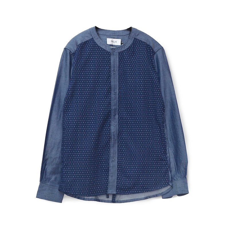 oqLiq - Root - 008 cross刺繡襯衫 (深藍) - 男 T 恤 - 棉．麻 藍色