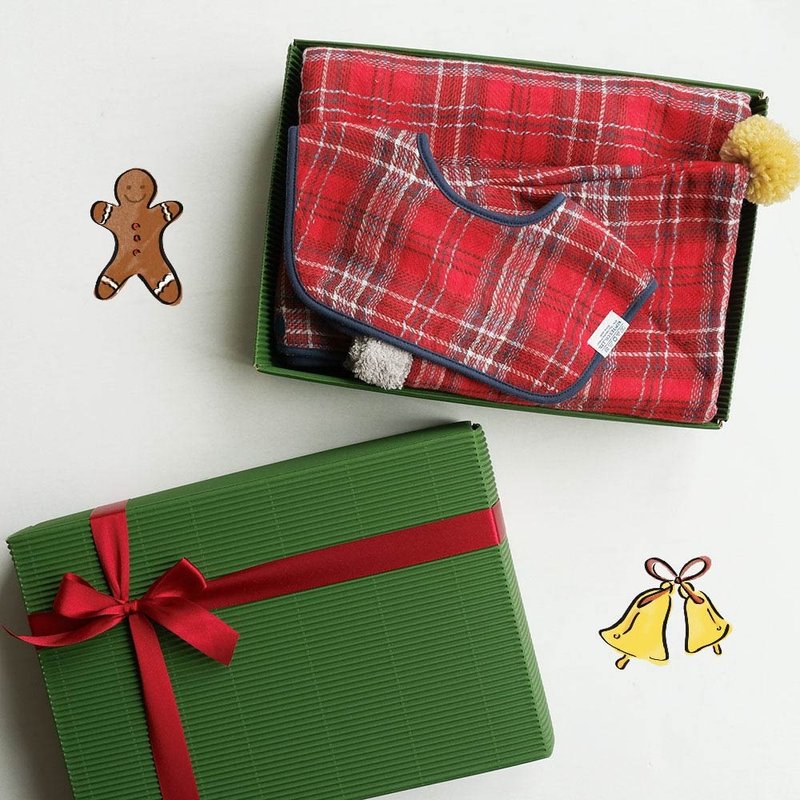 Christmas limited gift set Imabari colorful plaid hooded bath towel/spit towel gift box (with carrying bag) - ของขวัญวันครบรอบ - ผ้าฝ้าย/ผ้าลินิน หลากหลายสี