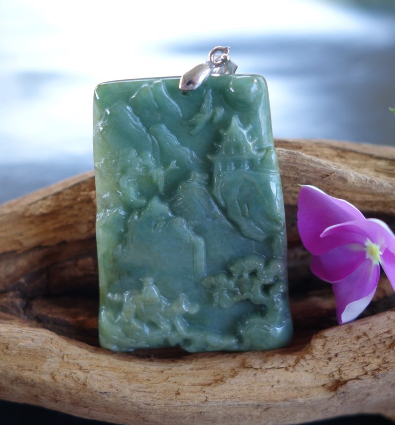 天然A貨翡翠 山水牌 童子騎牛 吊墜 緬甸翡翠 天然A貨 玉牌 玉佩 - 頸鏈 - 玉石 綠色