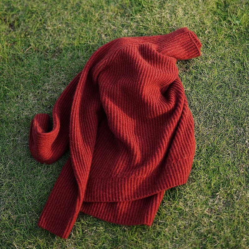 怕冷星人呼喚 番茄紅色 純羊絨Cashmere高領坑條溫暖毛衣 超顯瘦 - 毛衣/針織衫 - 羊毛 紅色