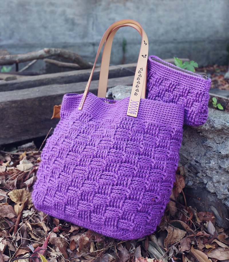 手作-格子紋路手拿包+零錢包-紫羅蘭-溫暖手編織天然苧麻編織包 - 手拿包 - 棉．麻 紫色