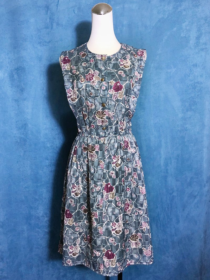 Rendering flower pattern Sleeveless vintage dress / bring back VINTAGE - One Piece Dresses - Polyester Blue