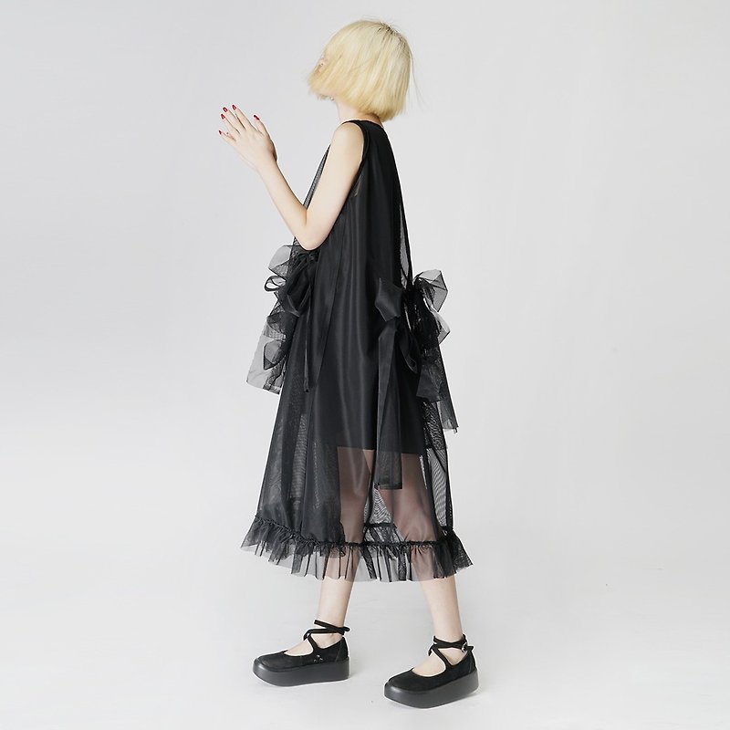 蝴蝶結綴花黑紗兩件式無袖洋裝 連身裙 - imakokoni - 連身裙 - 棉．麻 黑色