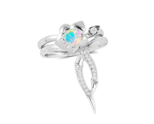 Majade Jewelry Design 彩歐泊14k鑽石訂婚結婚戒指套裝 花卉白金戒指組合 蘭花藤蔓戒指