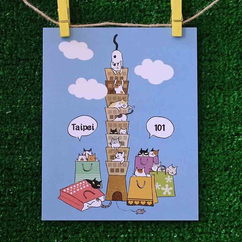 3猫ショップの猫イラスト入りポストカード（画家：ミスキャット）–台北101 - カード・はがき - 紙 