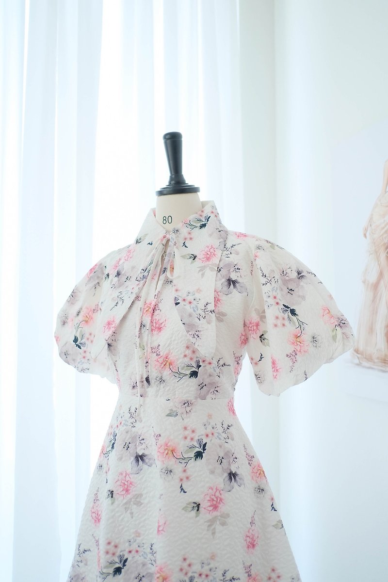 Pink floral chiffon summer sundress Short vintage party dress Dolly sleeves - 洋裝/連身裙 - 聚酯纖維 白色