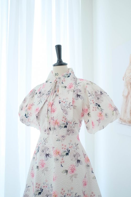 KEERATIKA Pink floral chiffon summer sundress Short vintage party dress Dolly sleeves