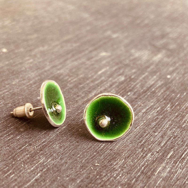 純銀 圓型 琺瑯 景泰藍 耳針 S499 - 耳環/耳夾/耳骨夾 - 純銀 銀色