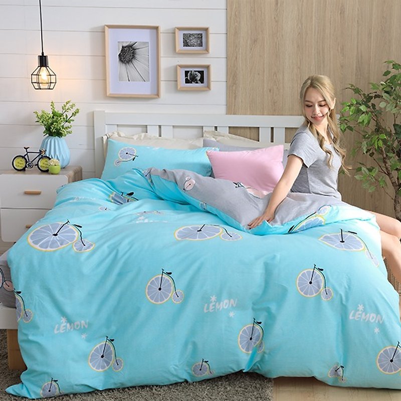 檸檬派(藍)-雙面設計100%精梳棉薄件床包三件組(單人3.5×6.2尺) - 床包/寢具 - 棉．麻 藍色
