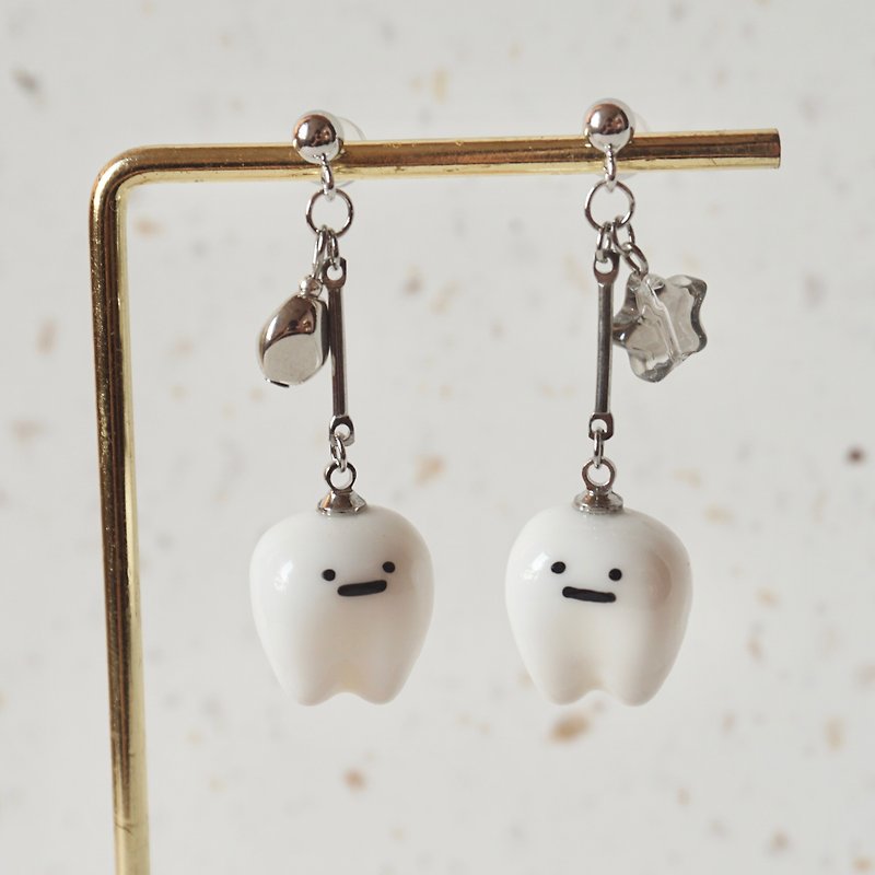 Hand-painted tooth earrings and Clip-On| Customized earrings - Earrings & Clip-ons - Resin White