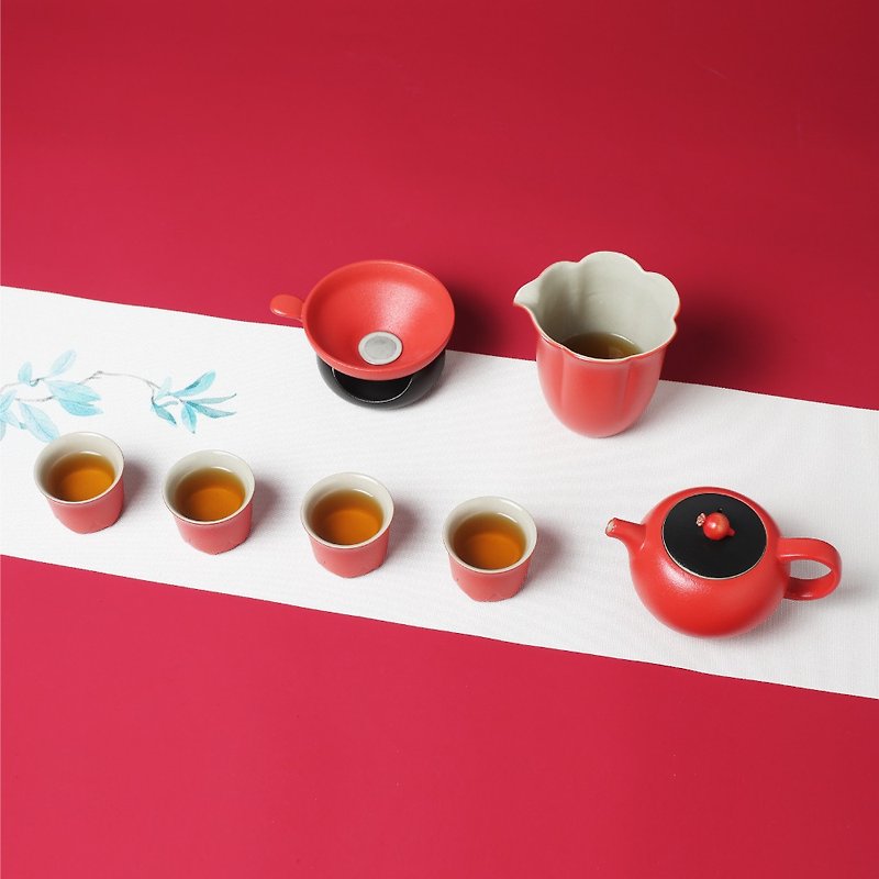 [Lu Bao LOHAS] Fugui pomegranate tea ceremony, one pot, one sea, six cups, one tea filter set, soft and beautiful tea table - Teapots & Teacups - Pottery Red